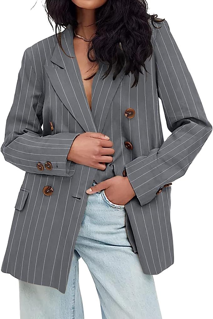 Eurivicy Women's Casual Lapel Blazers Long Sleeve Double Breasted Work Office Vintage Striped Bla... | Amazon (US)