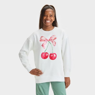 Girls' Pullover Fleece Cherry Bow Crewneck Sweatshirt - art class™ White | Target