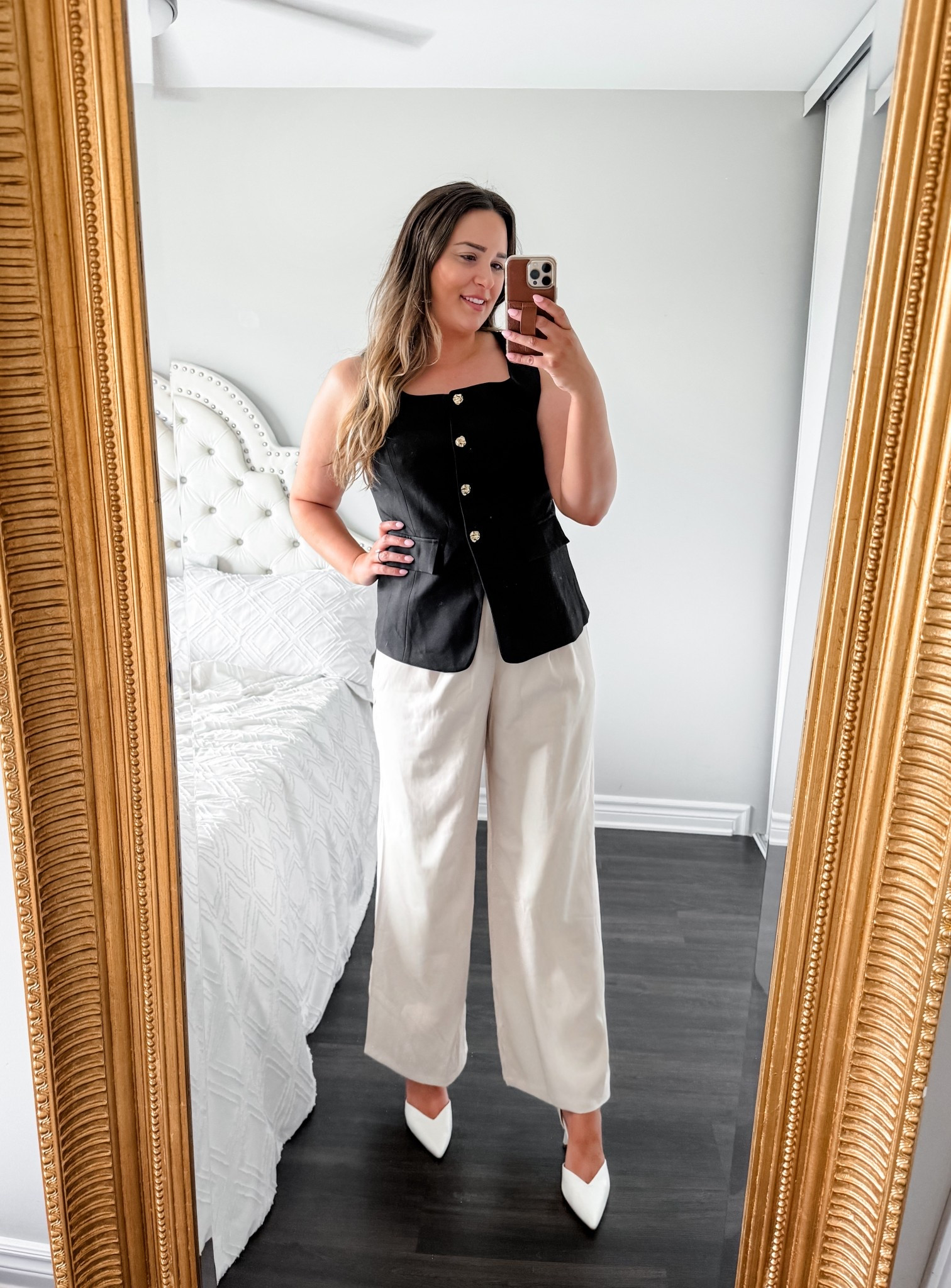 The perfect work wear! Great for the office, parent teacher meeting, date outfit, wide leg pants, black vest top, white strap heels  

#LTKTall #LTKWorkwear #LTKMidsize