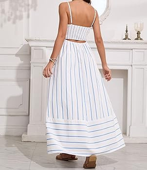 chouyatou Women's Striped Back Smocked Maxi Dress Sexy Spaghetti Strap Cut Out Flowy Swing Long D... | Amazon (US)