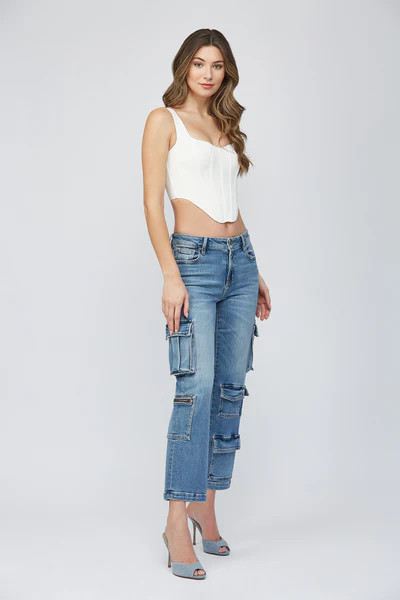 [TRACEY] MEDIUM DARK 27" INSEAM CARGO RELAXED STRAIGHT JEAN | Hidden Jeans