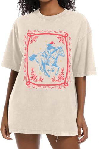 Western Tops for Women Oversized Rodeo Country Concert Outfit Vintage Cowboy Graphic Tees Short Sleeve Acid Wash Tshirt | Amazon (US)