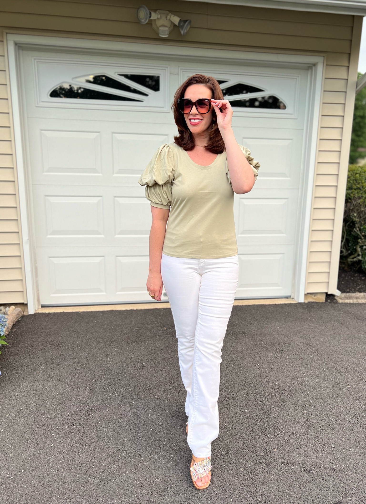 Light green puff sleeve tee (size small). White boot cut jeans (size 4). Sandals (size 8.5). #summeroutfit #tee #greentee #greentop #puffsleevetee #jeans #denim #bootcutjeans #bootcutdenim #whitejeans #whitedenim #sandals #bejeweledsandals #sunglasses 

#LTKSeasonal #LTKFindsUnder100 #LTKStyleTip