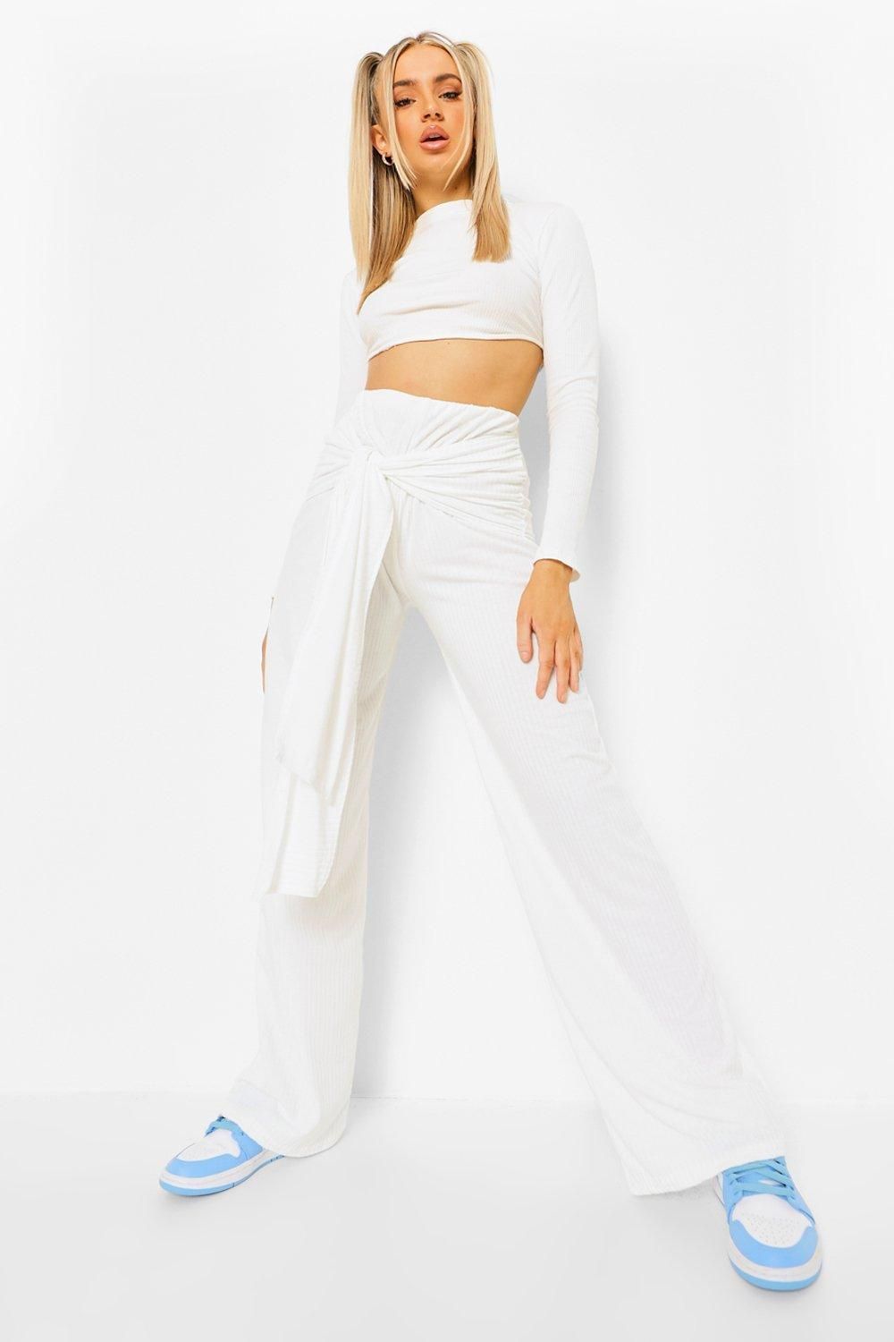 Soft Ribbed Wrap Belted Wide Leg Trousers | Boohoo.com (UK & IE)
