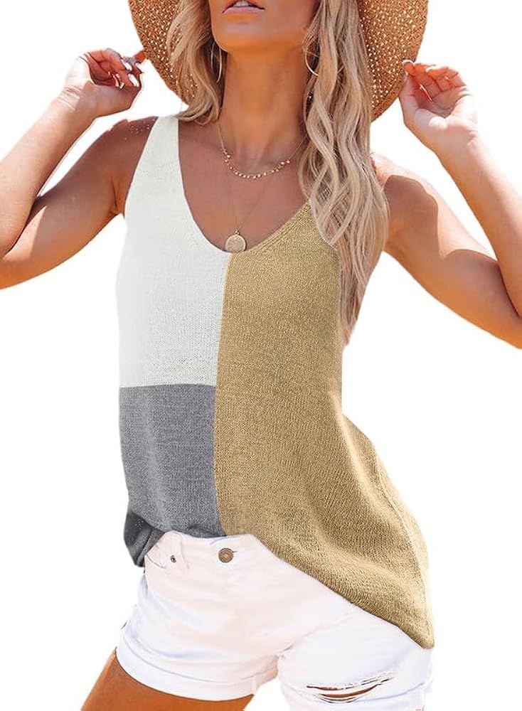 SHEWIN Womens Tops Summer 2024 V Neck Tank Top Casual Loose Fit Sleeveless Shirts | Amazon (US)