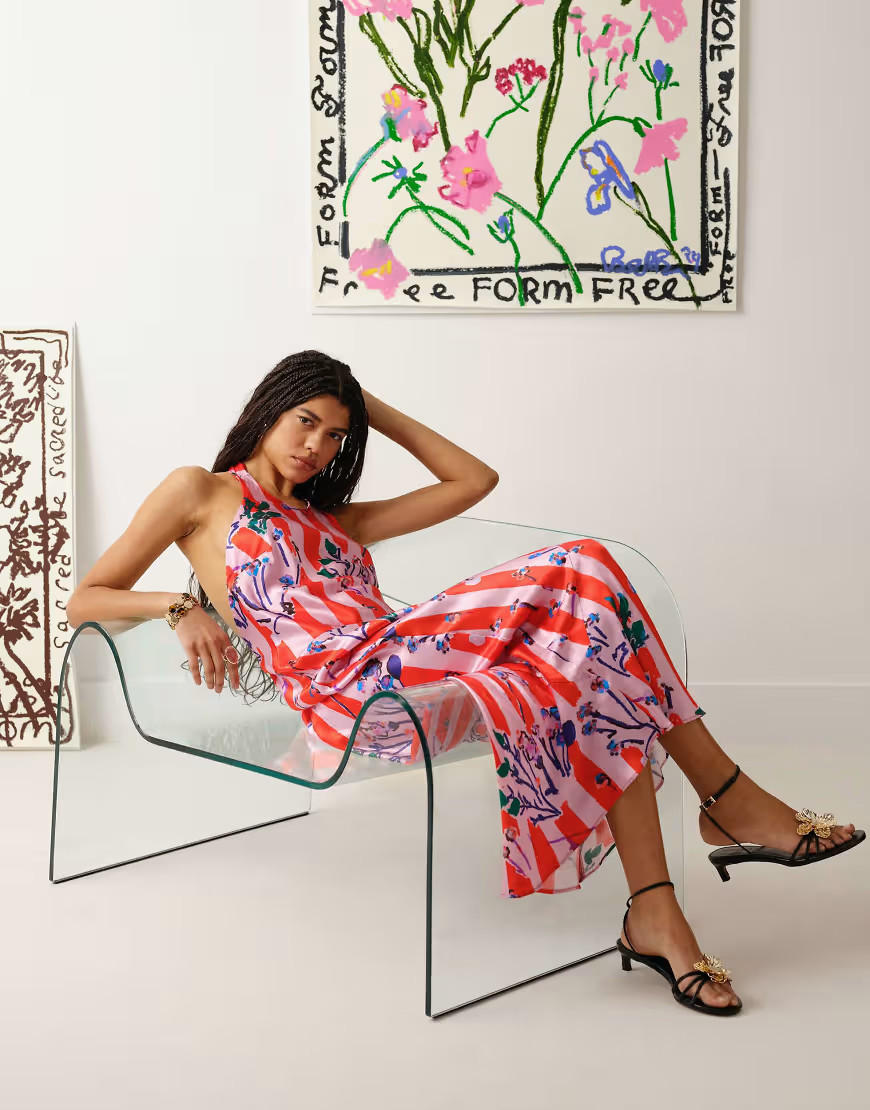 Topshop satin halterneck dress in pink and red bradley stripe dress | ASOS (Global)