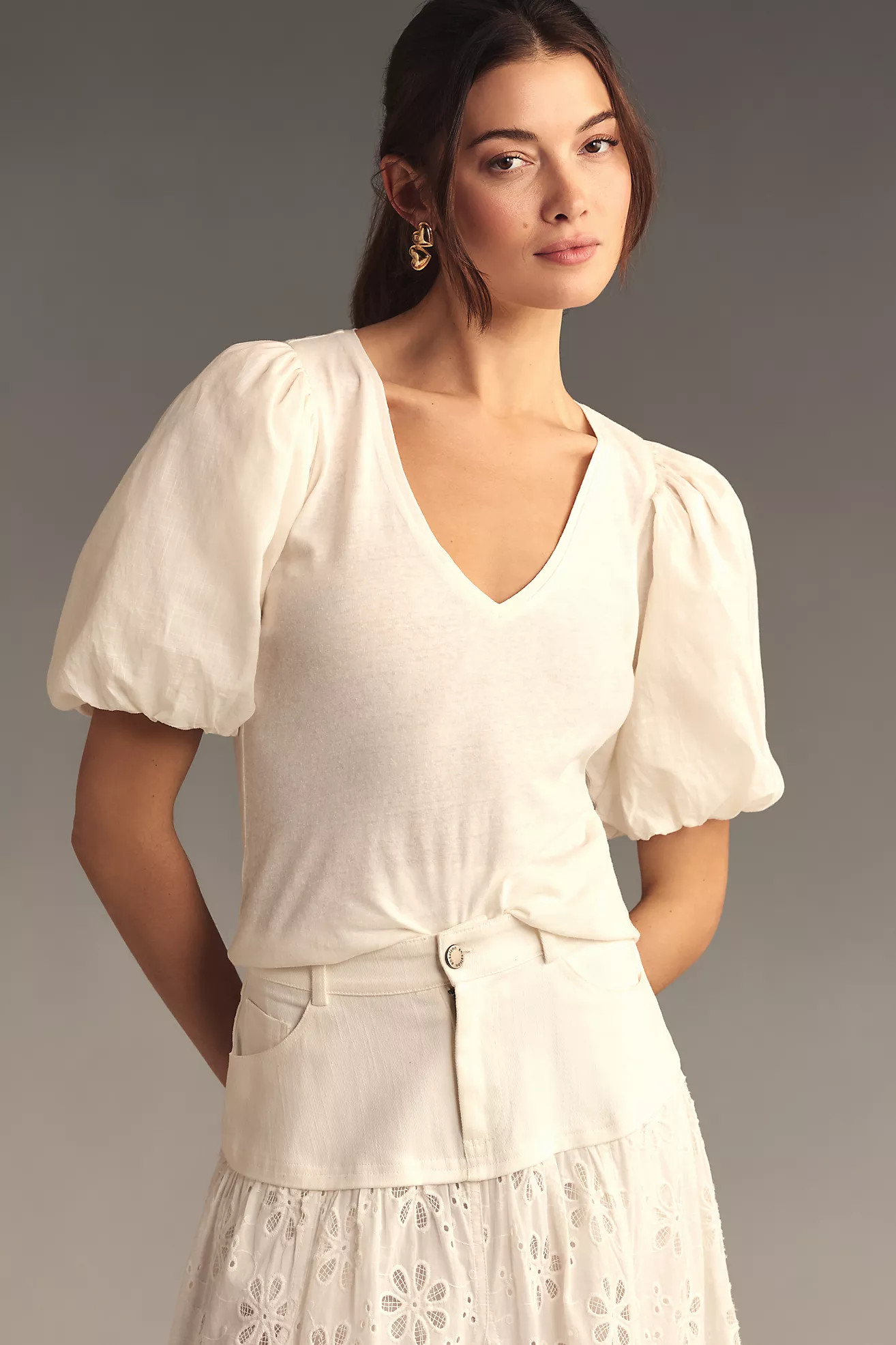 By Anthropologie Puff-Sleeve V-Neck Top | Anthropologie (US)