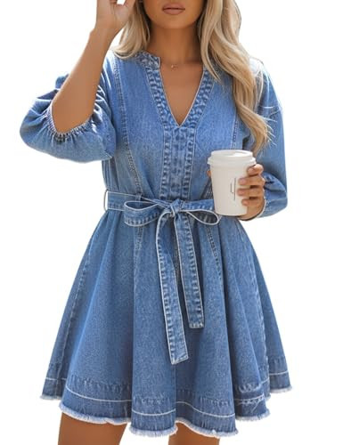 BISUAL Womens Denim Dress Casual Jean Dress Loose Fit Slim Denim Dress Belt Denims Dresses for Women 2026 with Pocket Light Blue US S | Amazon (US)