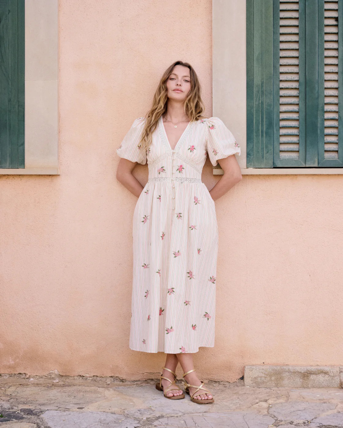 Light Pink Striped Puff Sleeve Yardley Midi Dress | Nobody's Child