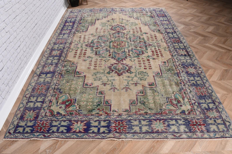 Vintage Rug, 7x10 Large Rug, Turkish Rug, Muted Anatolian Rug, Rugs for Living Room, 6.3x9.3 Ft G... | Etsy (US)