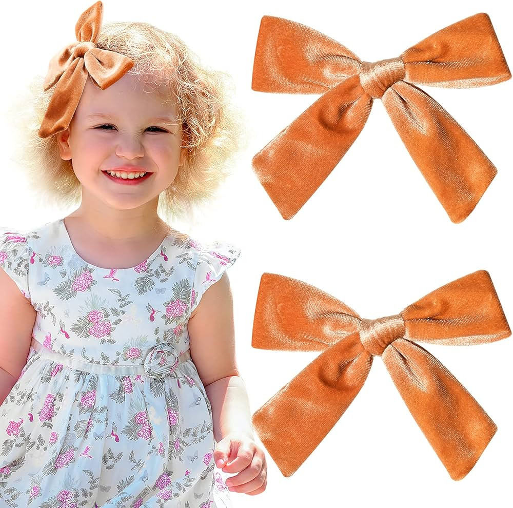 CEELGON 5" Big Velvet Hair Bows for Girls - 2PCS Orange Brown Hair Clips and Pigtail Accessories ... | Amazon (US)