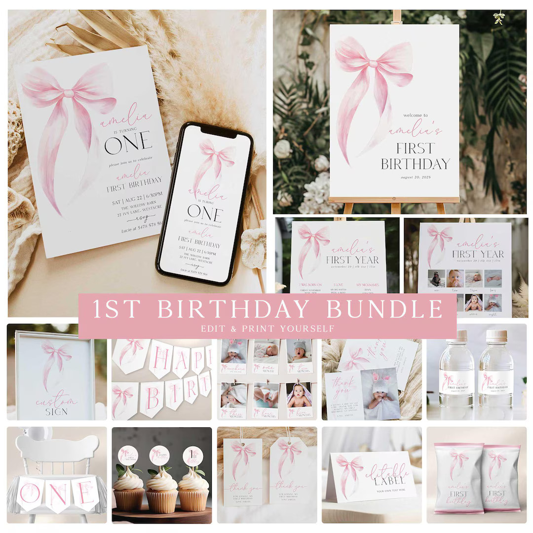 Pink Bow 1st Birthday Invitation Bundle, Pink Bow 1st Birthday Bundle, Party Decorations Printabl... | Etsy (US)