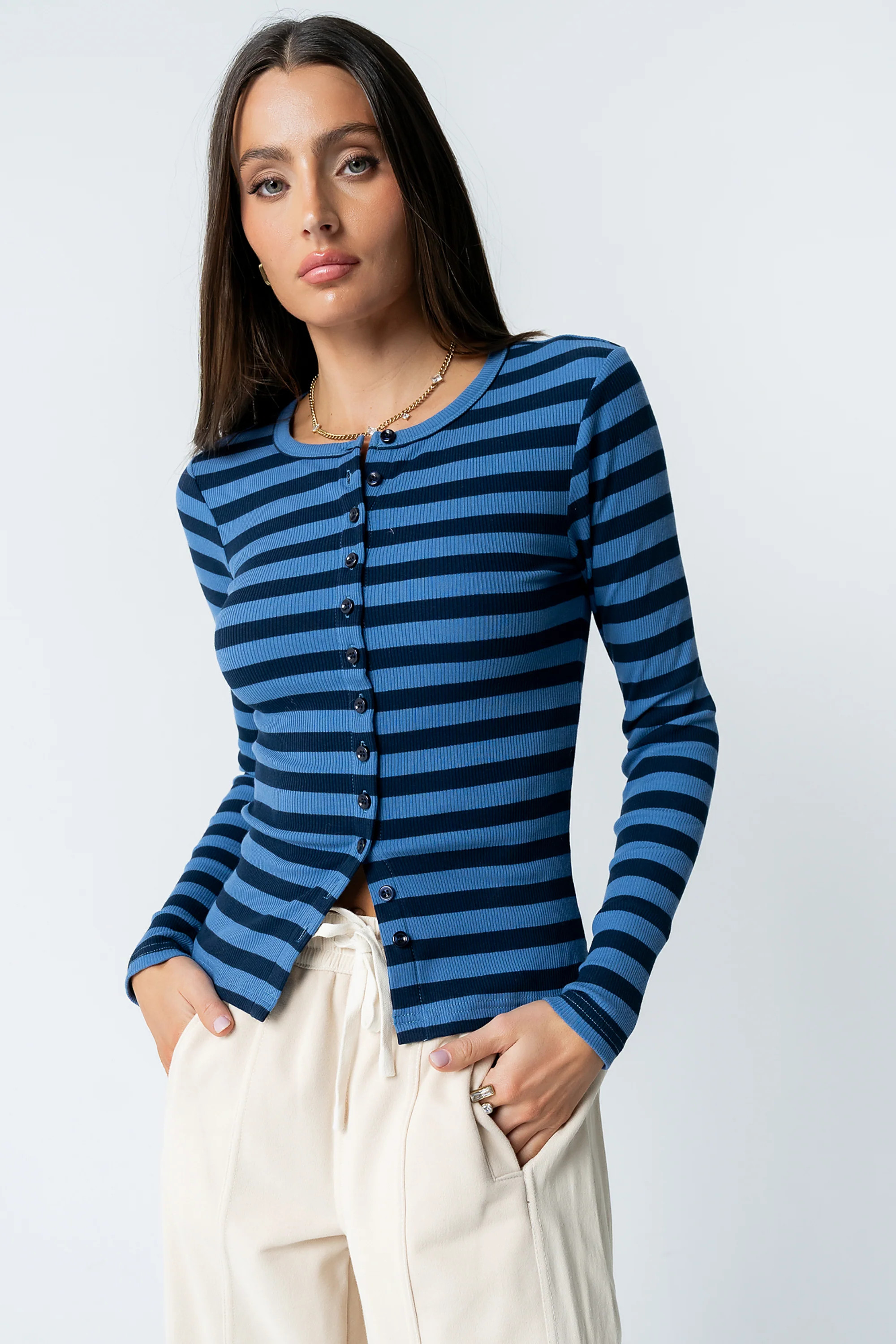 Mia Button Up Top in Striped Navy | Böhme US