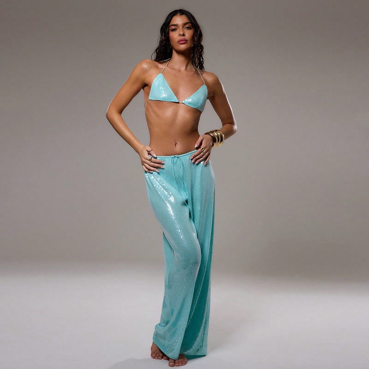 MUSERA Sequin Low Rise Trousers Vacation Summer Ibiza Fits Spring Elegant Beachwear Boho Casual | SHEIN