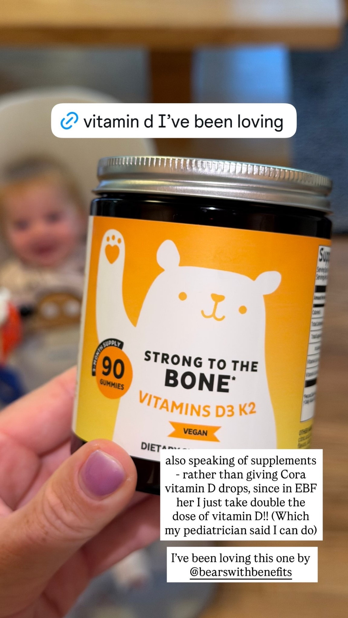 also speaking of supplements - rather than giving Cora vitamin D drops, since in EBF her I just take double the dose of vitamin D!! (Which my pediatrician said I can do) 

I’ve been loving this one by @bearswithbenefits
