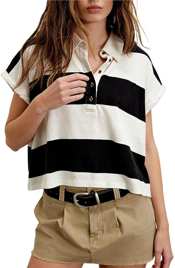 Womens Striped Oversized Tshirts Y2K Baggy Polo Shirts Aesthetic Short Sleeve Summer Tops Collare... | Amazon (US)