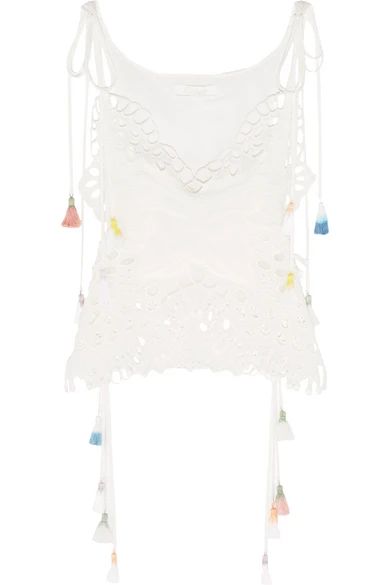 Tasseled broderie anglaise and tulle-paneled linen-blend camisole | NET-A-PORTER (US)