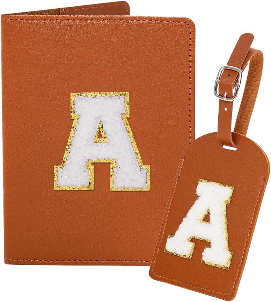 Initial Passport Cover and Luggage Tag Set,PU Leather Letter Passport Case Holder Travel Suitcase Tag, Personalized Travel Luggage Accessories Gifts for Women Kids Teenage Brown A | Amazon (US)