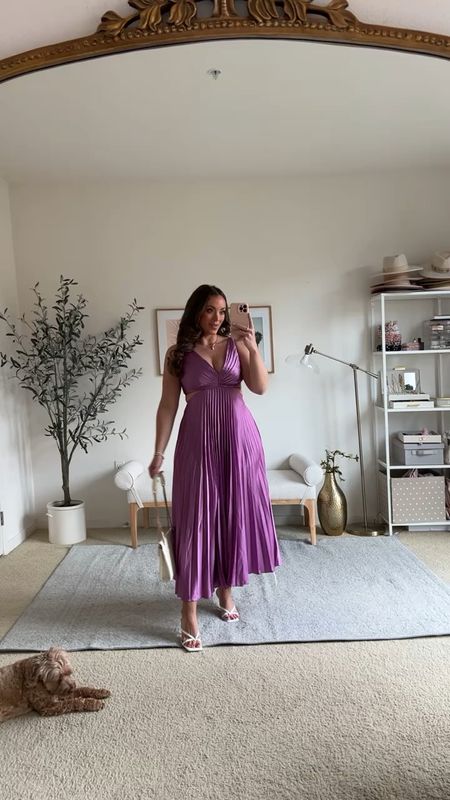This pleated V-neck dress is gorgeous 💜 I’m in a size medium and wearing an adhesive bra with this dress💐 

#LTKwedding #LTKVideo #LTKmidsize