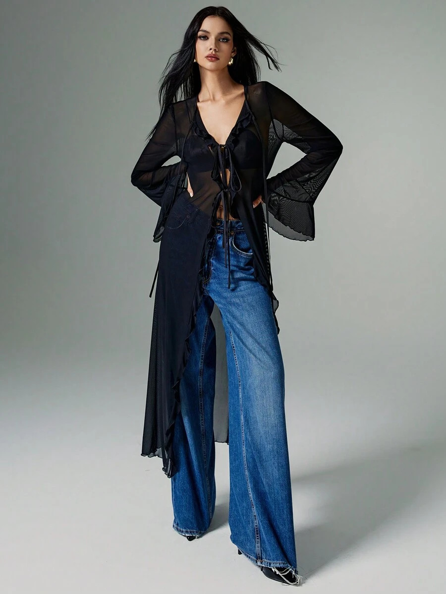 Poéselle Women's Solid Color Y2K Ruffle Mesh Flare Sleeve Front Tie Long Fashion Shirt, Poeselle | SHEIN