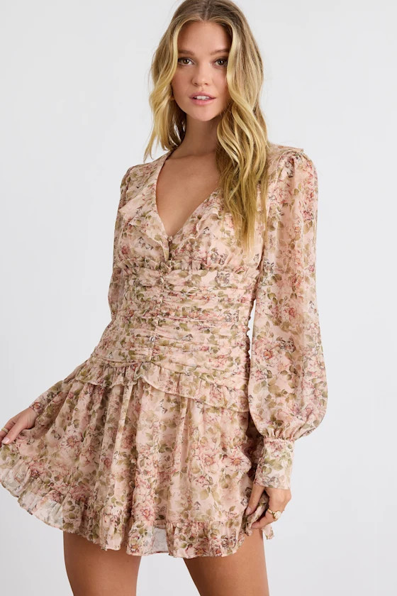 Ismini Blush Multi Floral Long Sleeve Mini Dress | Lulus