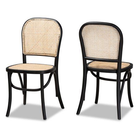 Baxton Studio Cambree Mid-Century Modern Brown Woven Rattan and Black Wood 2-Piece Cane Dining Chair | Walmart (US)