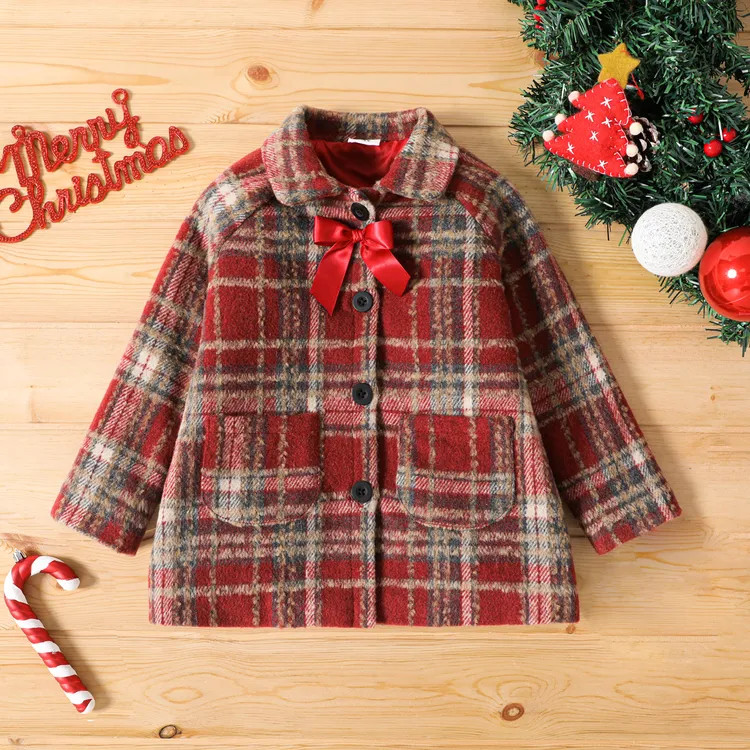 Toddler Girl Christmas Plaid Bowknot Design Lapel Collar Coat | PatPat