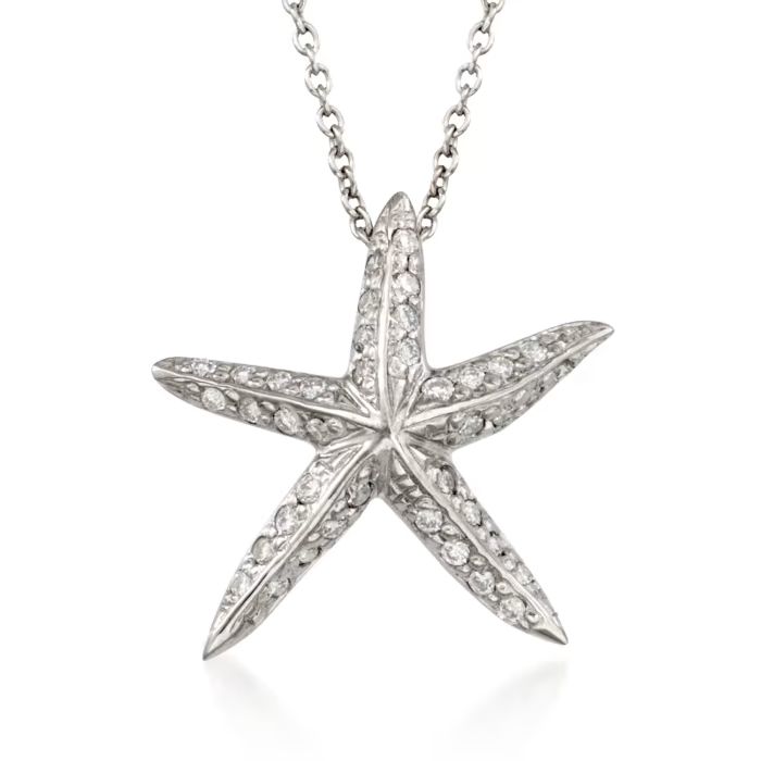 Roberto Coin "Tiny Treasures" .16 ct. t.w. Diamond Starfish Necklace  in 18kt White Gold. 16" | Ross-Simons