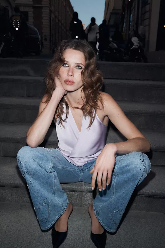 TRF WIDE-LEG LOW-RISE RHINESTONE JEANS | Zara UK