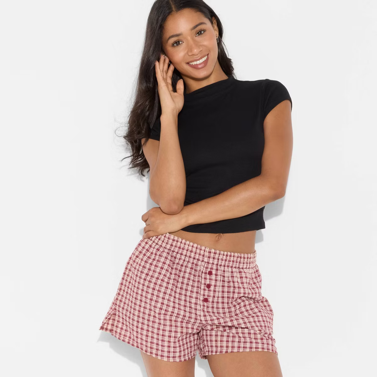 Women's Seersucker Plaid Flannel Graphic Boxer Shorts - Burgundy | Target