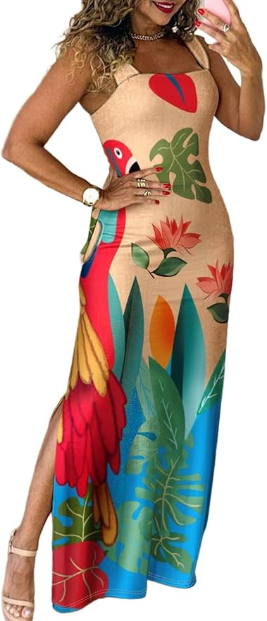 CHICME Women's Summer Maxi Dress Casual Thick Strap Square Neck Boho Sundress Split Vacation Dres... | Amazon (US)