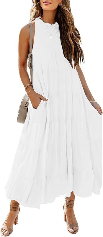 HAEOF Womens 2023 Summer Sleeveless Halter Maxi Dress Pleated Tiered Swing Beach Long Dresses Sun... | Amazon (US)