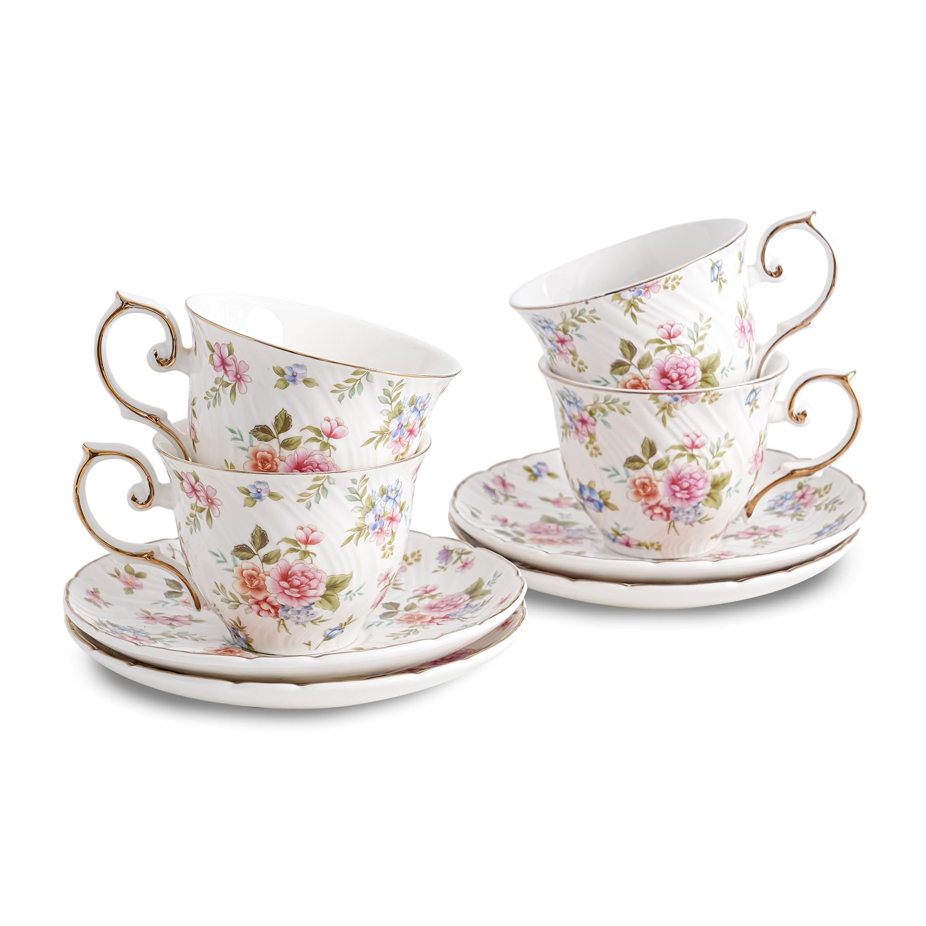 tea cups and saucers ceramic coffee mug 6oz for Coffee, Latte, Cafe Mocha and Tea-Set of 4, white... | Amazon (US)