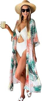 Women's Bikini Cover Ups Long Sheer Duster Cardigan for Women Floral Lace Knee Length Beach Wear ... | Amazon (US)