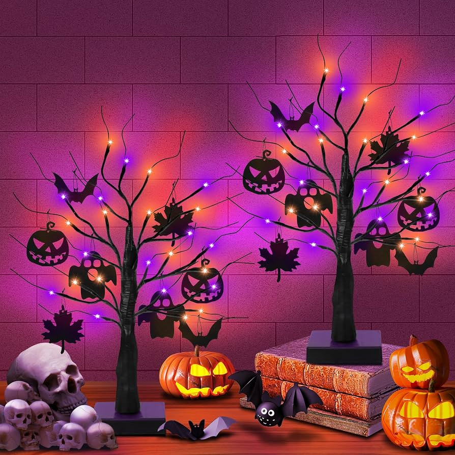 [Timer] 2 Pack 24 Inch Black Halloween Tree with Ornaments, USB/Battery Operated Halloween Orange... | Amazon (US)