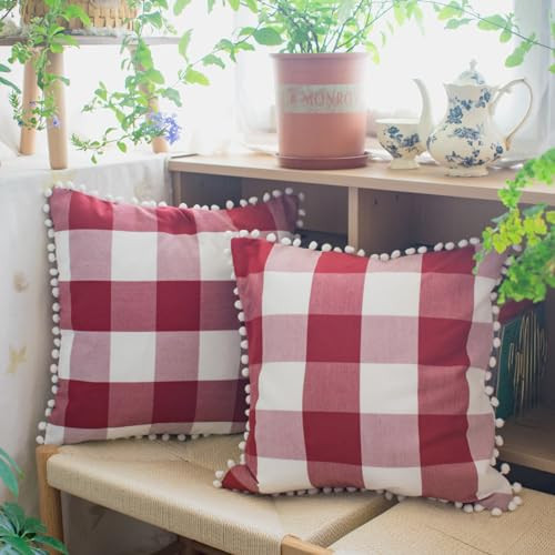 HOPLEE Red Throw Pillow Covers Farmhouse Buffalo Check Pillow Covers with Poms for Home Decor Red and White 18x18 Inches Set of 2 | Amazon (US)