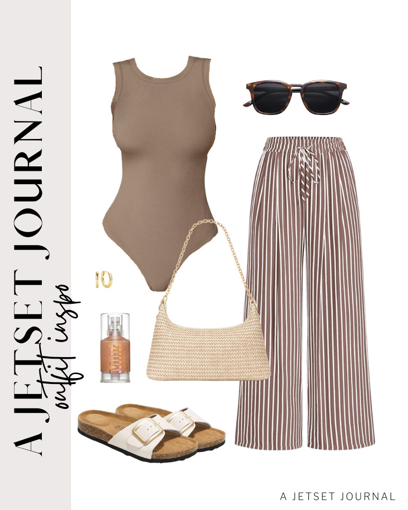 Navigate the airport or terminal wearing this next outfit. Match the dark khaki ANRABESS bodysuit with striped PRETTYGARDEN pants for a comfortable fit. Strap on your Project Cloud leather sandals, grab a straw purse, then slide on polarized SOJOS sunglasses. 

#LTKSeasonal #LTKSaleAlert #LTKTravel
 

 