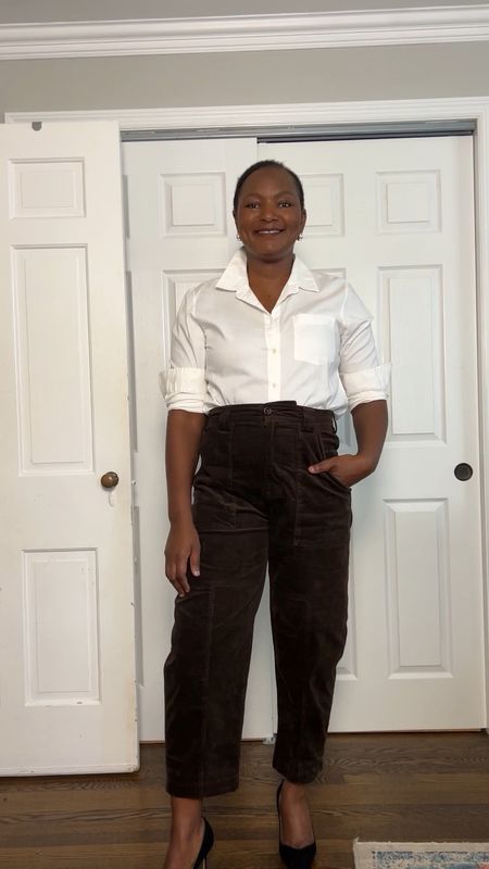 Work wear, corduroy pants, brown pants, white button down, Sarah flint 

#LTKstyletip