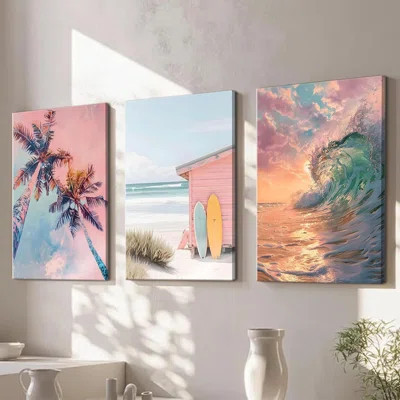 3Pcs Coastal Summer Surf Canvas Wall Art Preppy Aesthetic Tropical Beach Painting Picture Wall Decor Palm Trees Surfboard Waves Poster Print Artwork F | Wayfair North America
