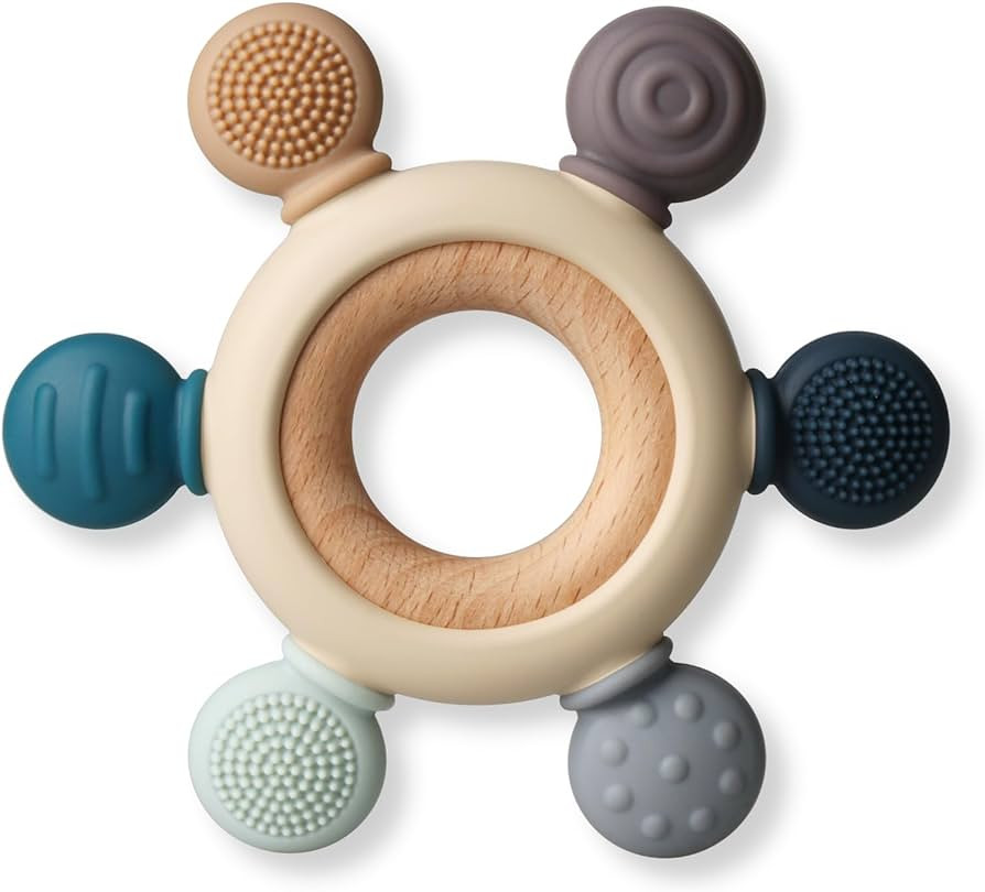 Baby Teething Toys, Silicone Chewable Rings with Organic Wooden, Natural Wooden Ring & Silicone T... | Amazon (US)