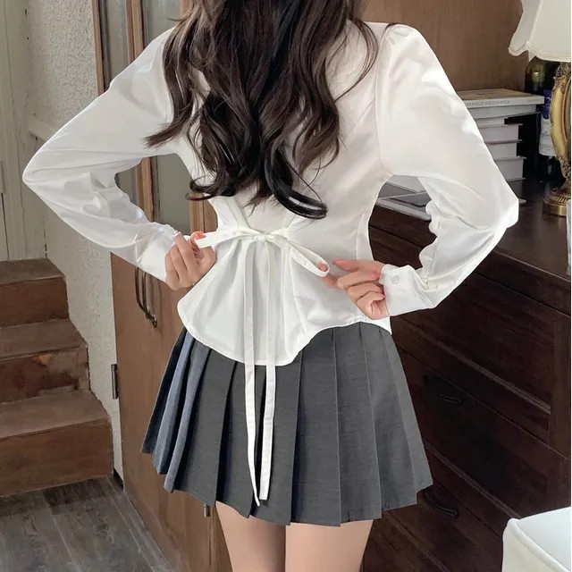 Okalpis - Plain Lace-Up Puff-Sleeve Shirt / High-Waist Accordion Pleat Mini Skirt | YesStyle Global