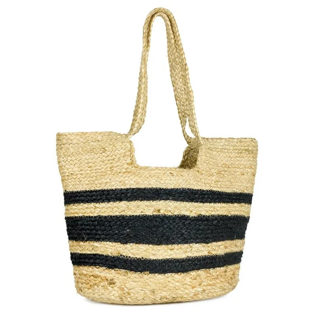 Women's Striped Woven Jute Beach Tote Bag with Double Handle | Walmart (US)