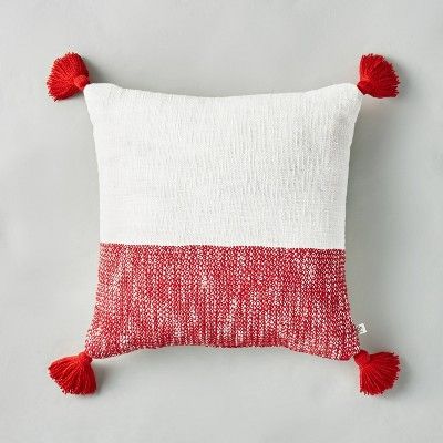 18" x 18" Woven Colorblock Throw Pillow with Tassels Red/Sour Cream - Hearth & Hand™ with Magno... | Target