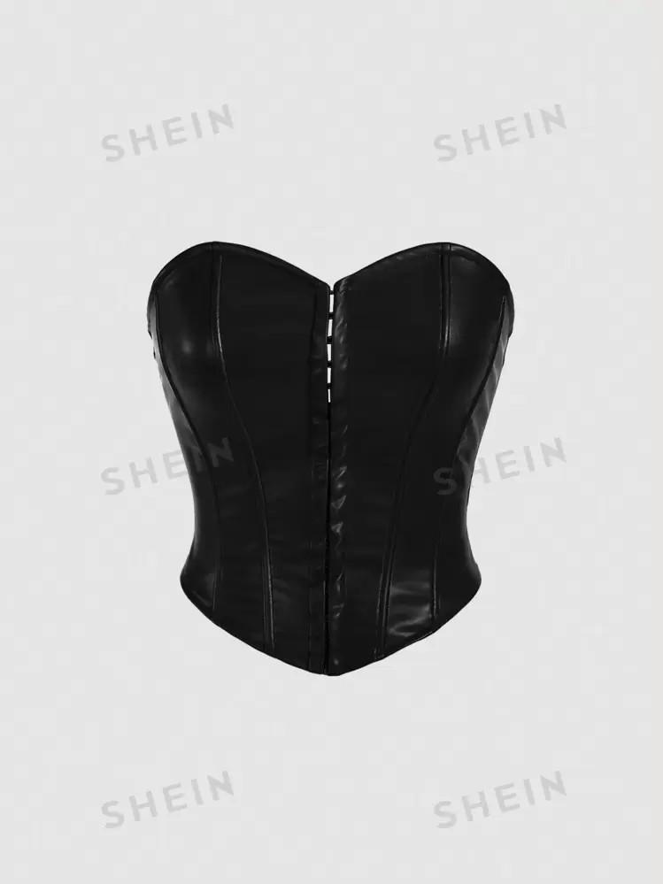 SHEIN x Marika Sila SHEIN MOD Solid Center Front Button Decoration PU Leather Black Tube Top | SHEIN