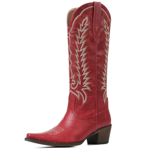 Amazon.com | Tscoyuki Cowboy Red Boots for Women: Embroidered Western Knee High Boots Women - Poi... | Amazon (US)