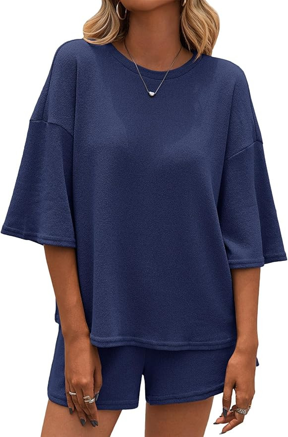 Tankaneo Womens 2 Piece Outfits Sweater Set Lounge Sets 3/4 Sleeve Oversized Tops and Elastic Wai... | Amazon (US)