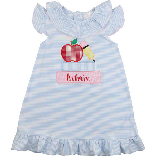 Blue Stripe Knit Applique School Books Dress | Cecil and Lou