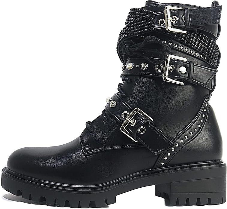 MeiLuSi Lace up Military Combat Boots for Women Fashion Chain Studded Motorcycle Ankle Booties | Amazon (US)
