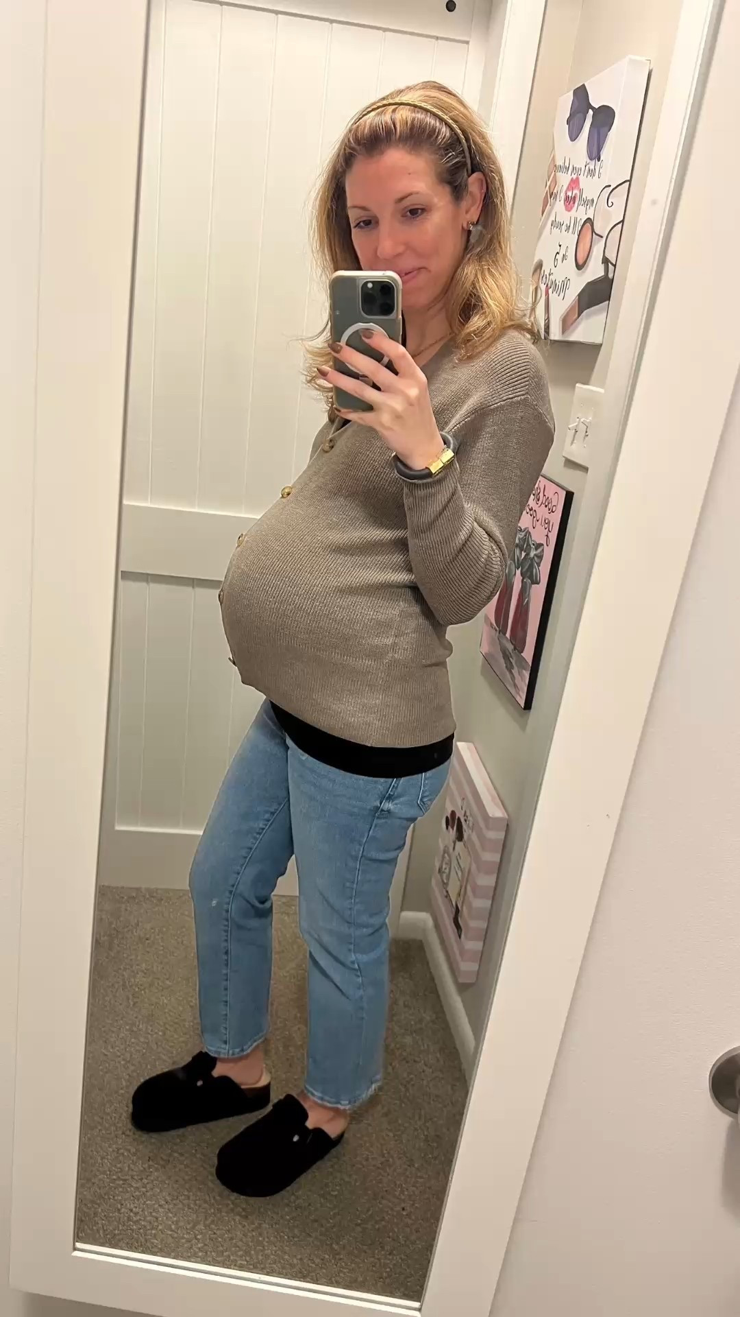 37 weeks pregnant and still wearing my favorite jeans 🙌 I turned my non-maternity mom jeans into bump-friendly jeans using my over-the-belly maternity underwear — unbuttoned, unzipped, and folded over for comfort. 

Proof you don’t need a whole new wardrobe to get through late pregnancy 🤍 

Cozy neutral sweater + comfy slip-ons = my everyday third-trimester uniform.

#LTKdayinmylife #LTKootd #LTKgrwm