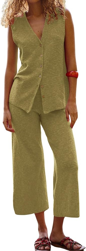 SeekMe Women's 2025 Sweater Set Sleeveless Button Down Vest Wide Leg Pants 2 Piece Outfits Summer... | Amazon (US)